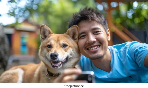 A smiling man taking a selfie with his Shiba Inu dog