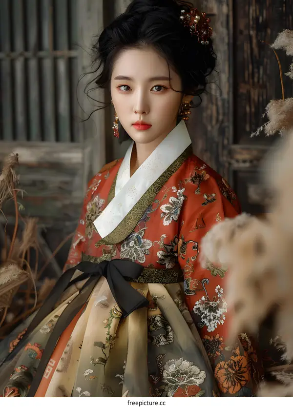 Portrait of a young woman in traditional Korean dress, or Hanbok