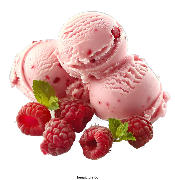 [Transparent Background PNG]Three scoops of raspberry ice cream with fresh raspberries