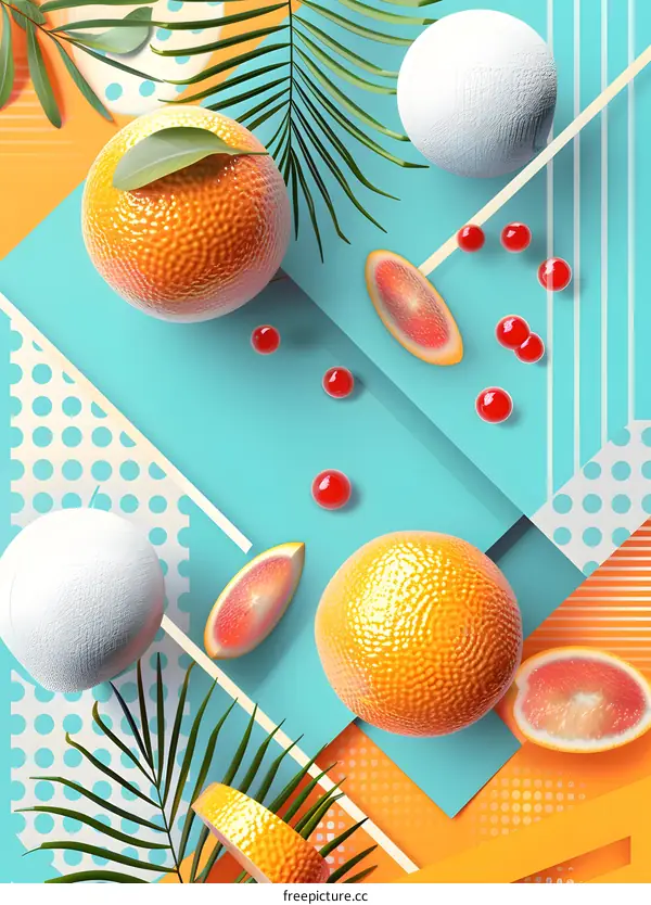 Orange and Red Fruit Slices with Palm Leaves on Geometric Background