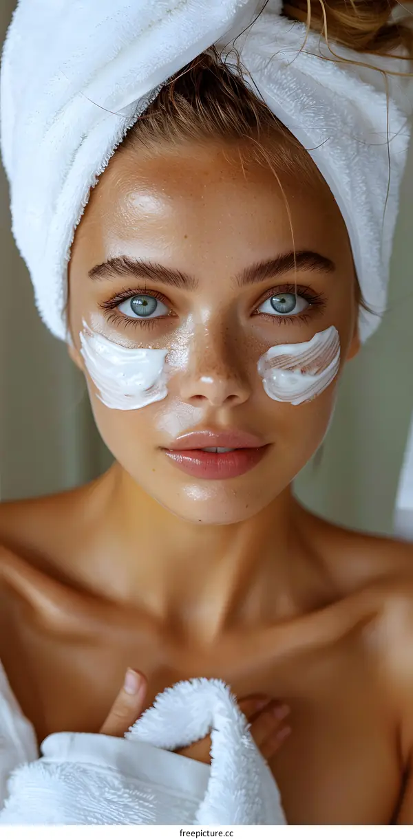 A young woman with a white towel on her head and white cream on her face is looking at the camera.