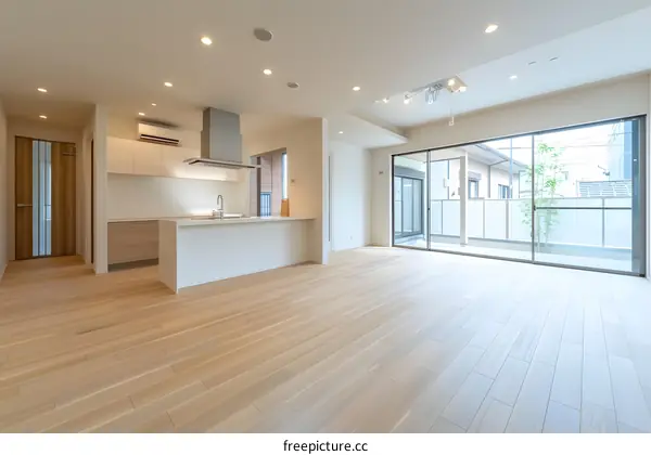 Modern Minimalist Kitchen and Living Room Interior Design With Wooden Floor