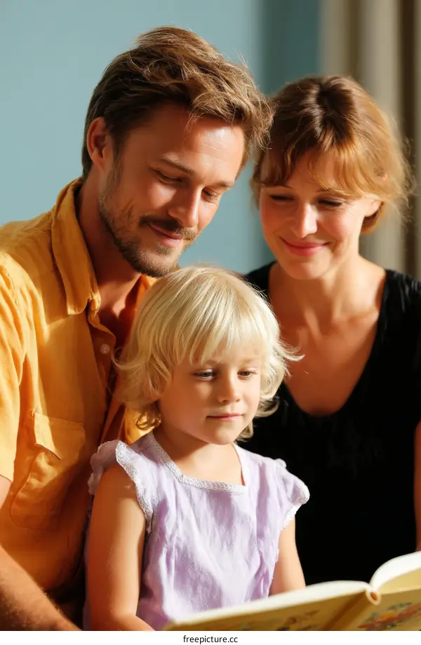 Family Reading a Book Together at Home