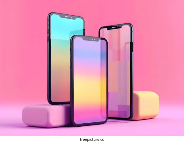 Three Smartphones With Gradient Screens on Pink Background