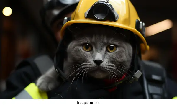 A cat wearing a firefighter's helmet is carried by a firefighter
