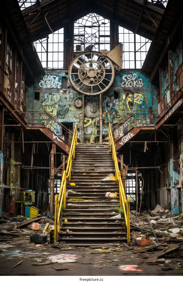 decaying factory building with graffiti and broken staircase