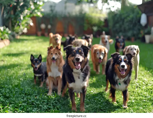 A group of dogs of different breeds are standing on the grass and looking at the camera