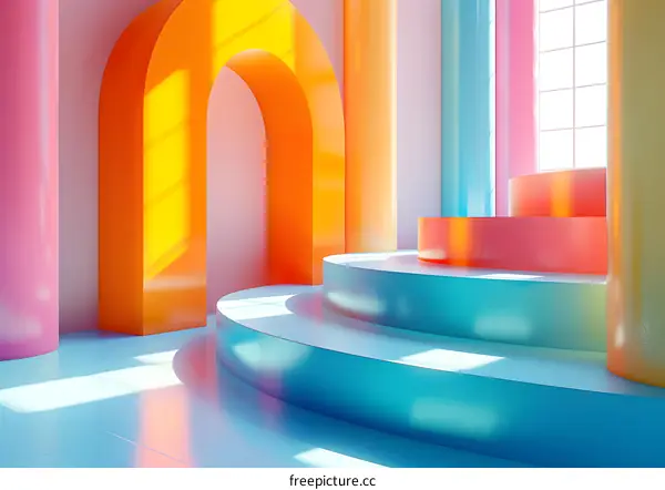 3D rendering of a colorful room with a large archway and podiums