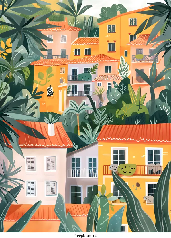 Colorful Illustration of a Mediterranean Village