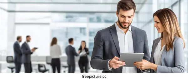 Two Businesspeople Discussing Business On Tablet In Office