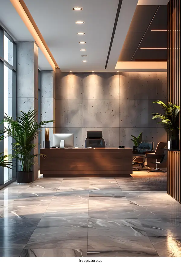 Modern Office Interior Design With Concrete Wall and Wood Desk