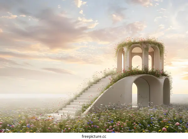 Stone Steps Leading to a Flower Covered Pavilion