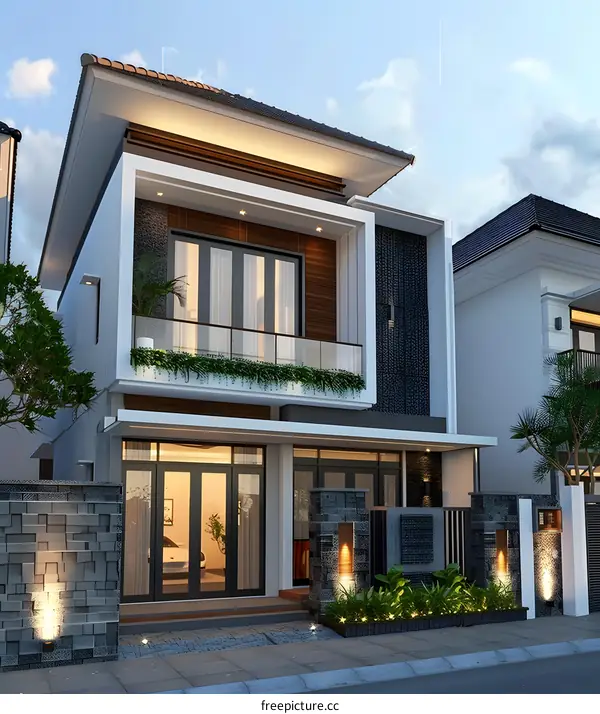 Modern Two Story Home Exterior Design with Balcony and Stone Wall