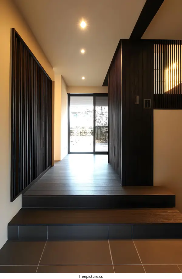 Modern Minimalist Entrance With Wooden Lattice