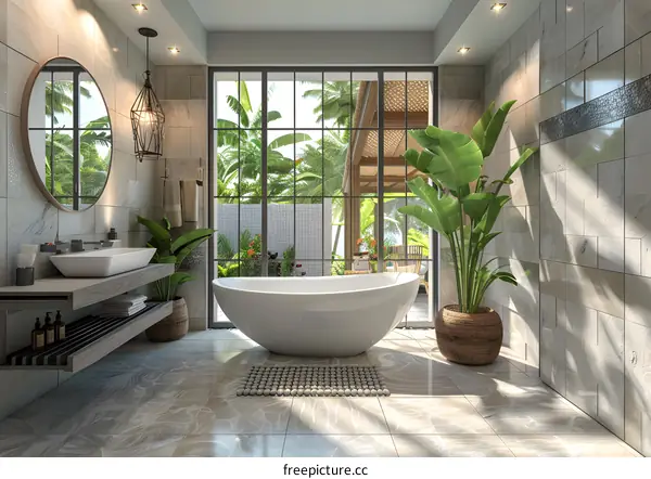 A modern bathroom with a view of the palm trees