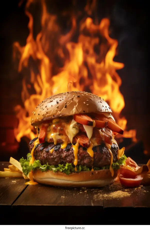 A delicious cheeseburger with fries on a wooden table with fire in the background