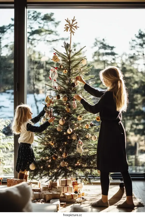 Two Children and an Adult Decorating a Christmas Tree