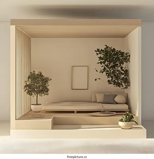 Minimalist Japanese Style Interior Design with Wooden Platform Bed and Plants