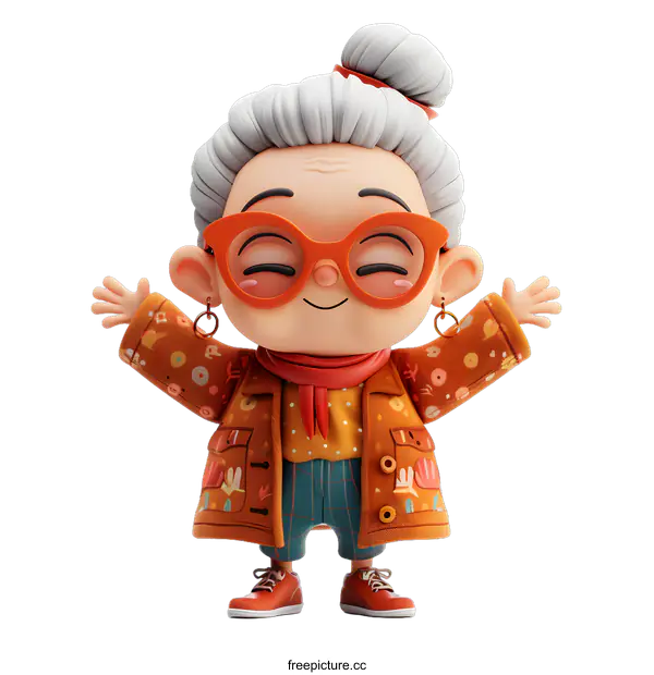 [Transparent Background PNG]A grandmother with grey hair and glasses is smiling with her arms outstretched.