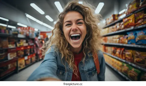 Laughing woman in grocery store