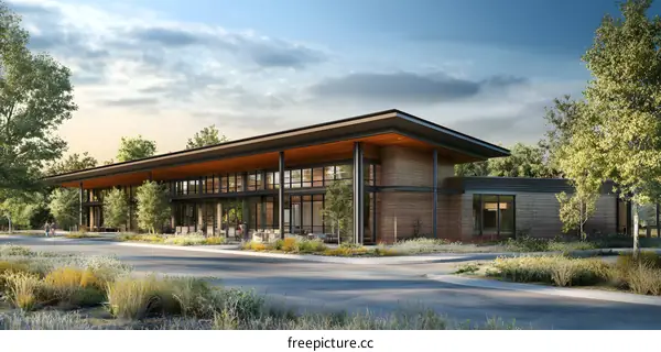 Modern Architecture Building With Glass Windows and Brick Exterior