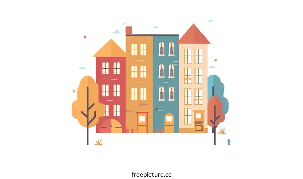 Colorful Cartoon Illustration Of Houses On A Street With Trees