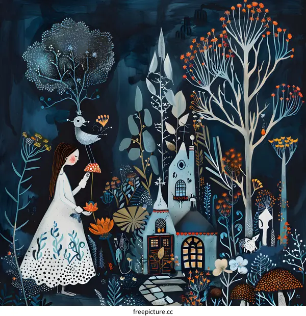 A Woman in a White Dress Standing in a Garden with a Bird on Her Head