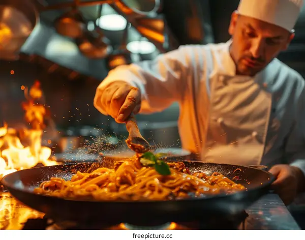 Professional chef cooking pasta in a flaming pan