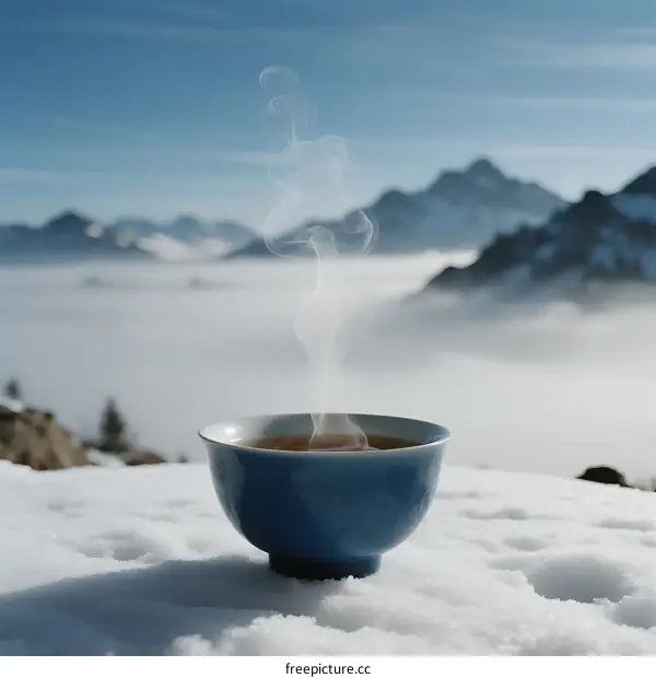 Warm tea cup on snowy mountain top with morning mist