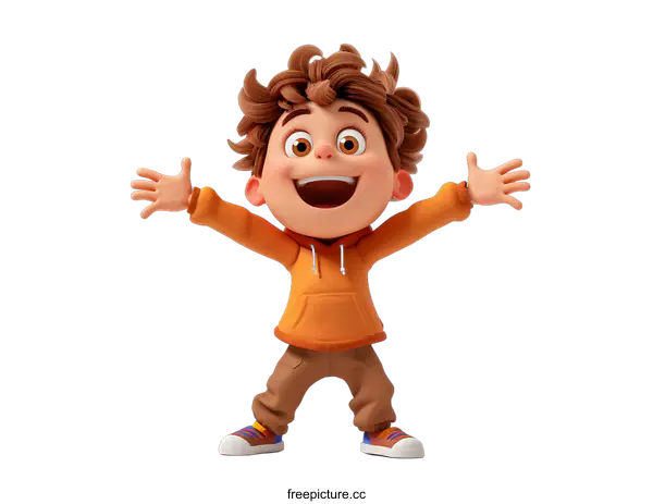 [Transparent Background PNG]Cartoon Boy  Smiling and Raising Arms 