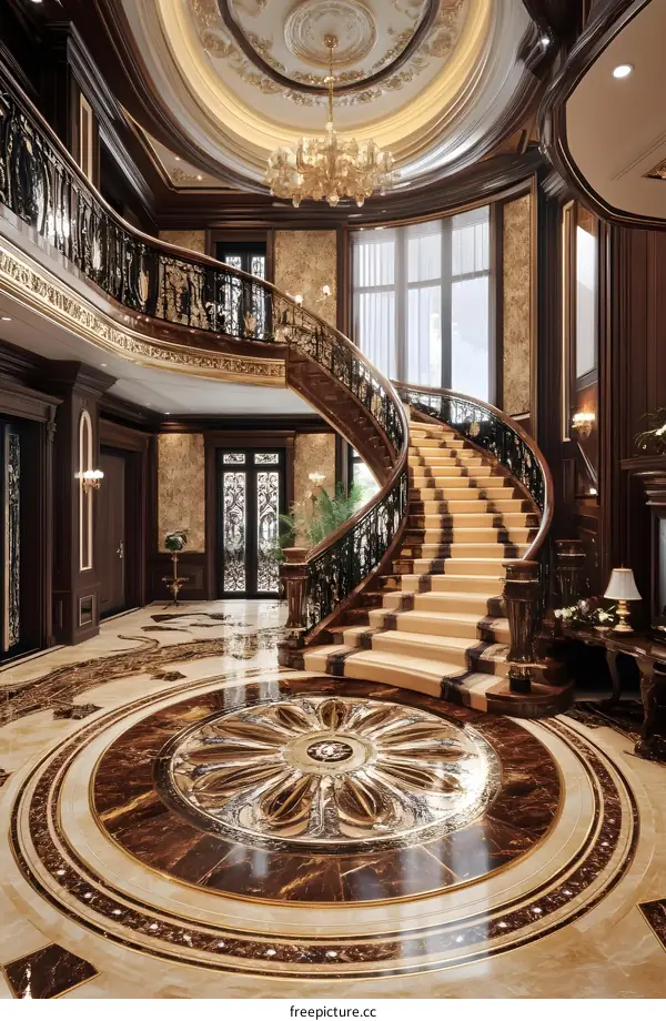 Luxury Mansion Interior With Grand Staircase And Chandelier