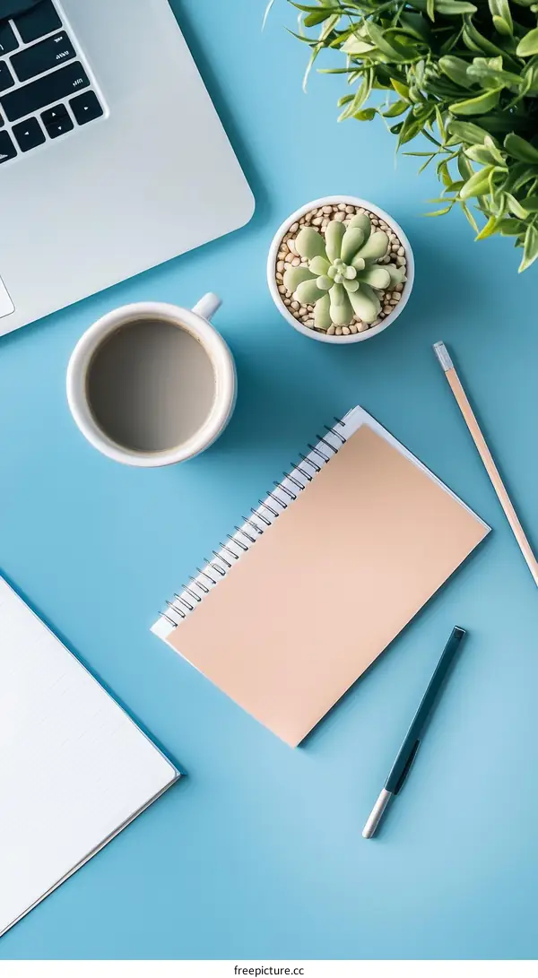 Organized Workplace with Laptop, Coffee and Notebook