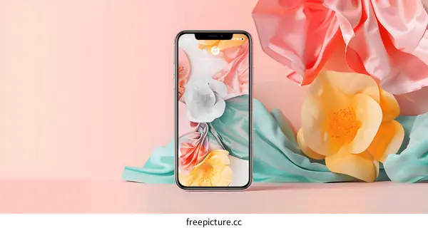 Modern Minimalist Smartphone With Flower Wallpaper On Pink Background