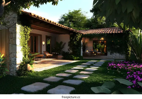 Stone Patio with Lush Greenery and a Stone House