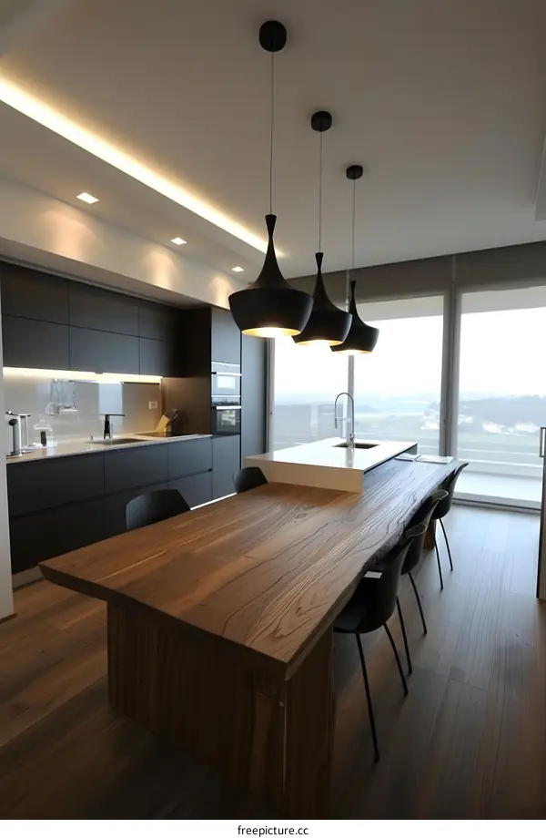 Modern Kitchen Interior Design with Wooden Table and Black Pendant Lights