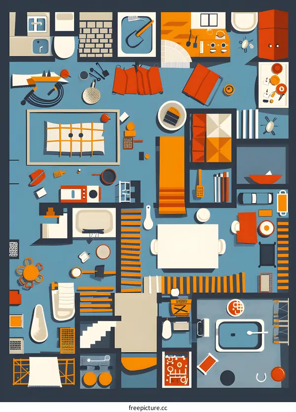 Top View Illustration of a Home with Various Furnishings