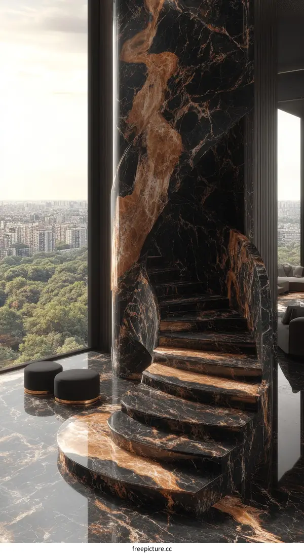 Modern Luxury Spiral Staircase with Black Marble