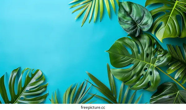 Tropical Leaves on Blue Background