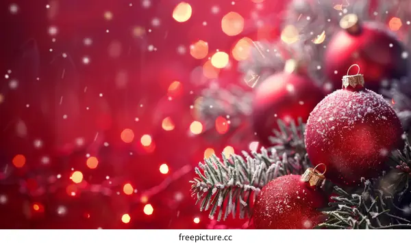 Traditional Red Christmas Ornaments Among Snowflakes