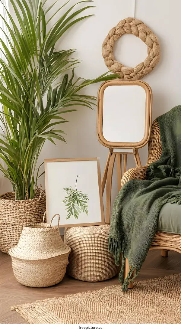 Modern Living Room Interior Design with Green Plants and Woven Accessories