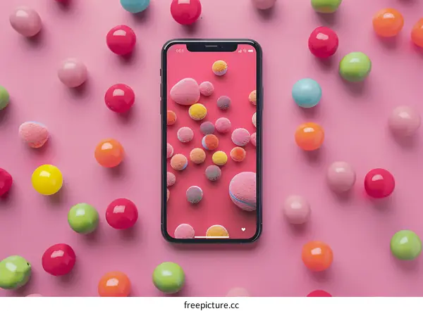 Colorful Balls On A Pink Background With A Smartphone