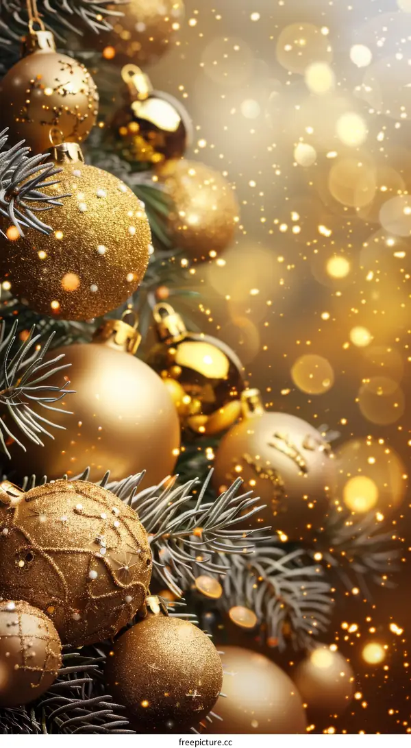 Christmas ornaments hanging on a fir tree with blurred lights in the background