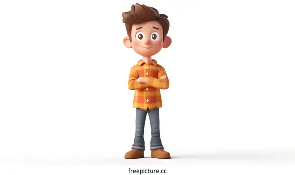 A 3D rendering of a boy with brown hair and blue eyes wearing a plaid shirt and jeans