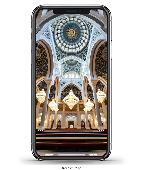 Mosque Interior with Chandeliers and Ornate Ceiling