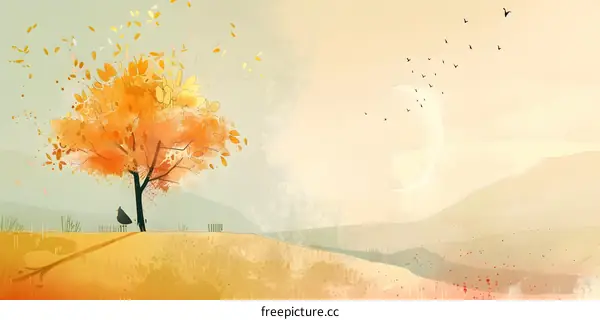 Autumn Landscape with a Single Tree and Birds in the Sky