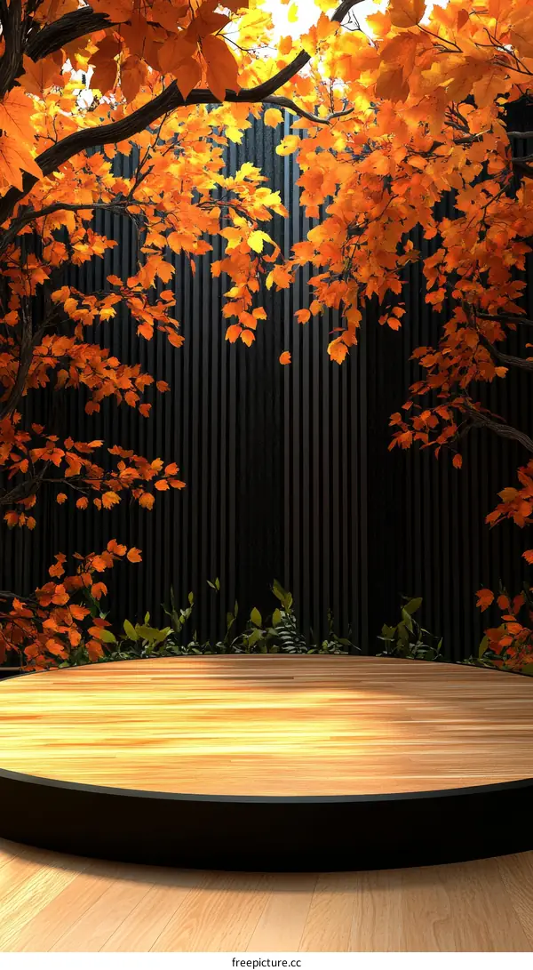 Autumnal Wooden Stage Display with Fall Leaves