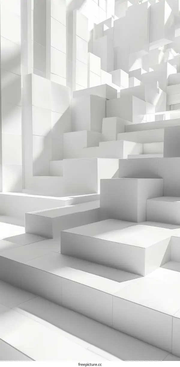 Abstract White Geometric Structure with Staircases and Platforms