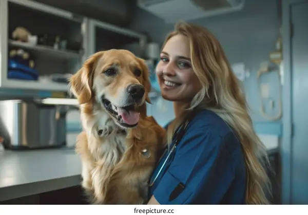 Portrait of a blonde smiling female veterinarian with a golden retriever dog