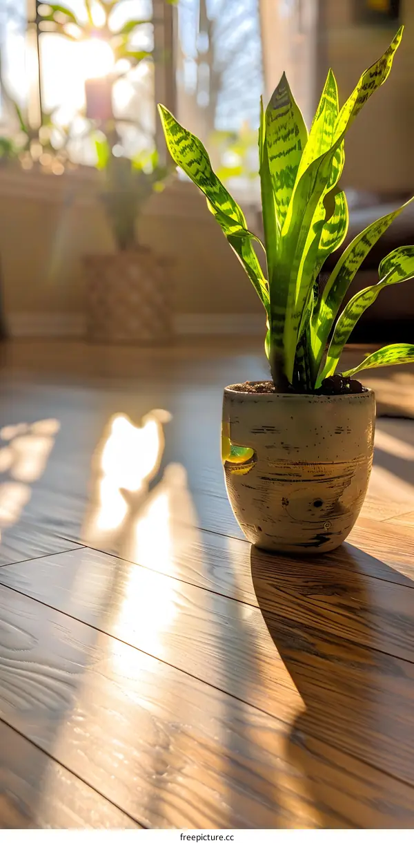 Potted Plant On Wooden Floor With Sunlight