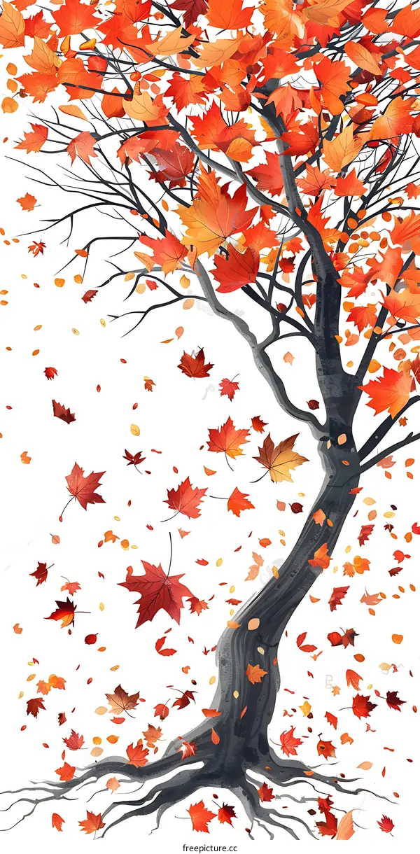 Autumn Leaves Falling From Tree Branch Watercolor Illustration